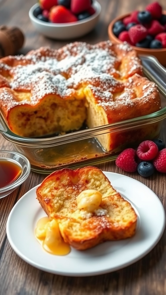 Baked French toast casserole topped with powdered sugar, served with syrup and fresh berries on a wooden table.